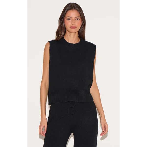 Black Marl Soft Knit High Neck Sleeveless Top