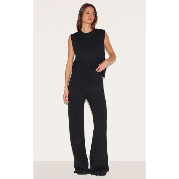 Black Marl Soft Knit Wide Leg Pants