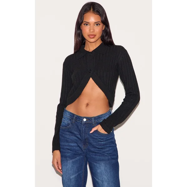 Black Marl Soft Rib Knit Crop Collar Detail Top