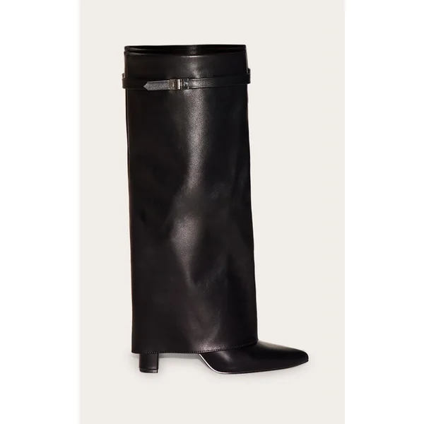 Black Matte PU Point Toe Fold Over Knee High Block Heeled Boots