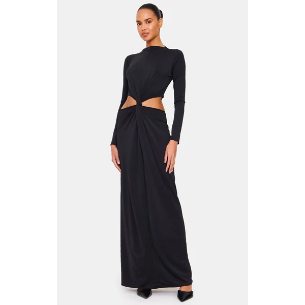 Black Matte Sculpt Cut Out Twist Long Sleeve Maxi Dress