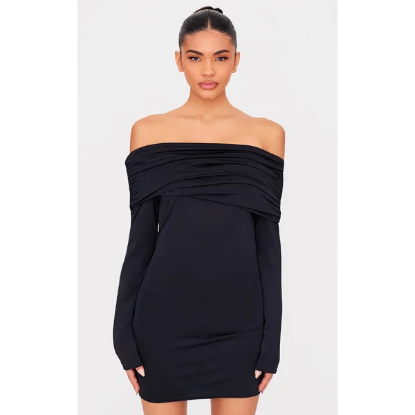 Black Matte Sculpt Double Layer Foldover Bardot Long Sleeve Mini Dress