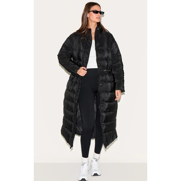 Black Maxi Cinched Waist Puffer Coat