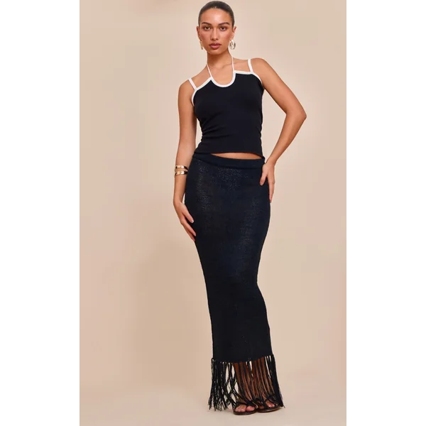 Black Maxi Fringe Knit Maxi Skirt