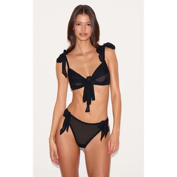 Black Mesh Bow Detail Lingerie Set