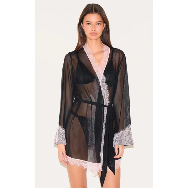 Black Mesh Contrast Eyelash Lace Robe