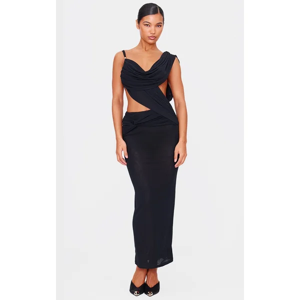 Black Mesh Draped Cut Out Maxi Dress