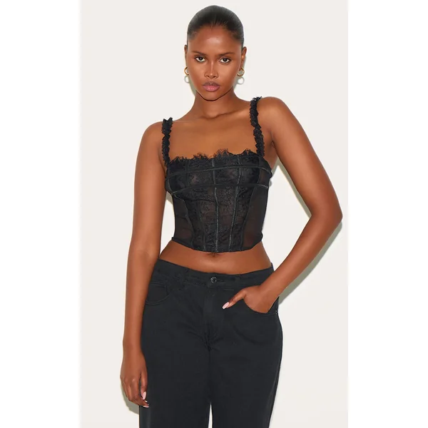 Black Mesh Lace Panel Curved Hem Corset