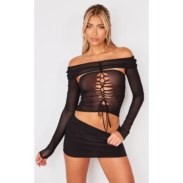 Black Mesh Lace Up Long Top