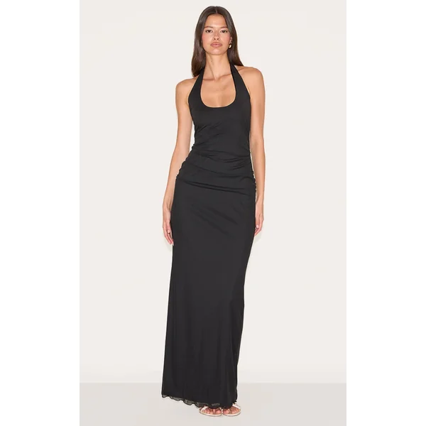Black Mesh Lined Scoop Halter Neck Maxi Dress