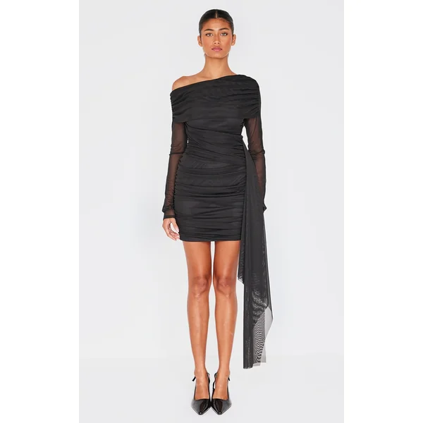 Black Mesh Long Sleeve Foldover Drape Mini Dress