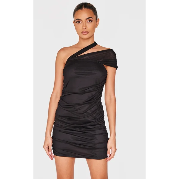 Black Mesh Neck Detail Mini Dress