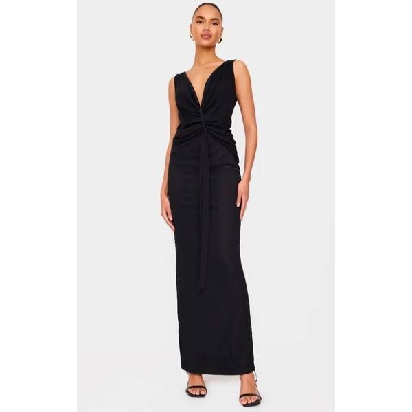 Black Mesh Overlay Draped Knot Detail Maxi Dress