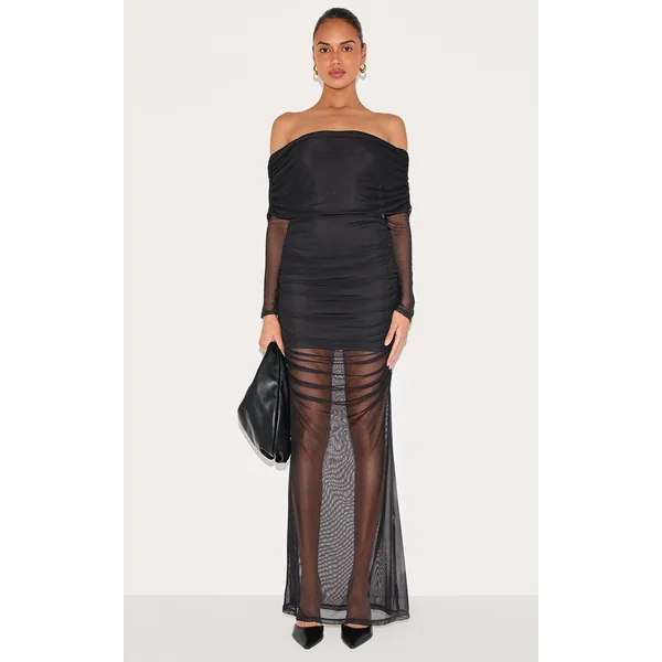 Black Mesh Overlay Long Sleeve Bardot Maxi Dress