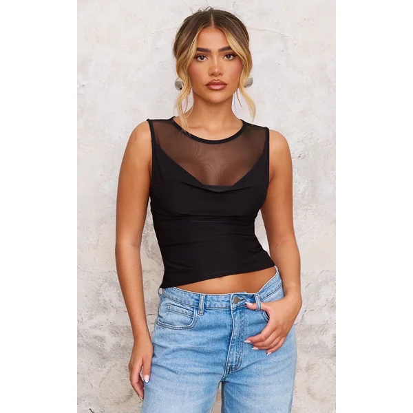 Black Mesh Panel Cowl Slinky Top