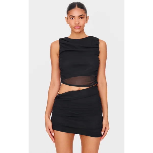 Black Mesh Ruched Trim Detail Crop Top