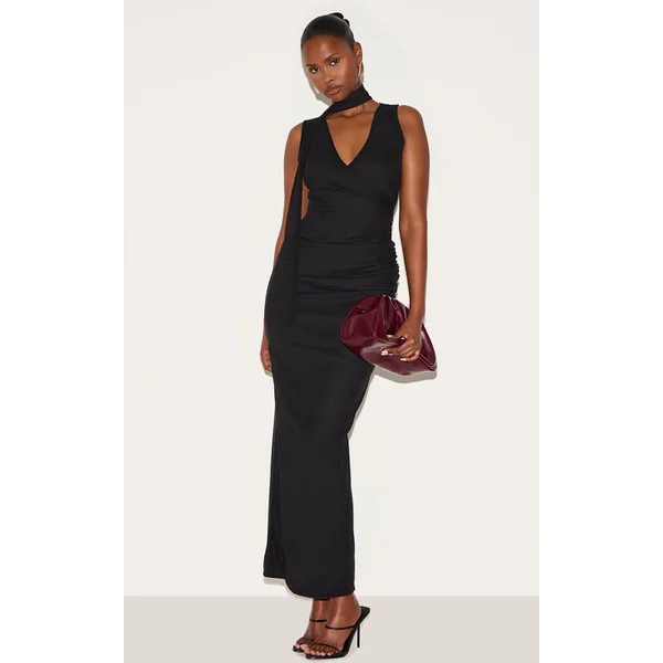 Black Mesh V Neck Wrap Maxi Dress