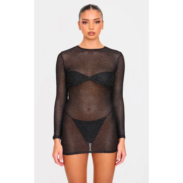 Black Metallic Ribbed Twist Bust Long Sleeve Mini Dress