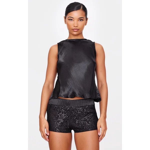 Black Metallic Satin Boatneck Long Top