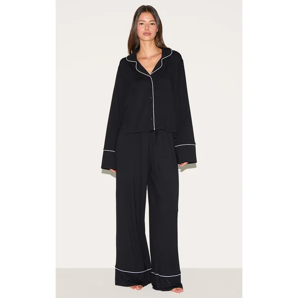 Black Modal Piping Long Pj Set