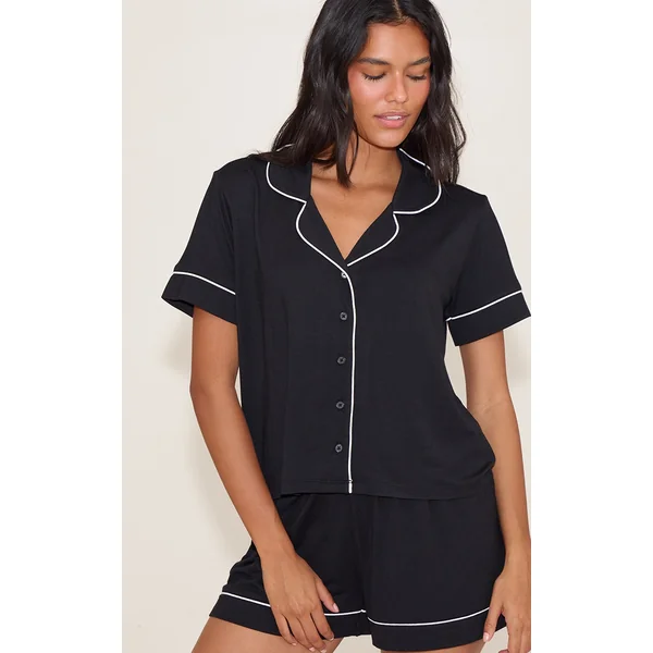 Black Modal Piping Short Pj Set