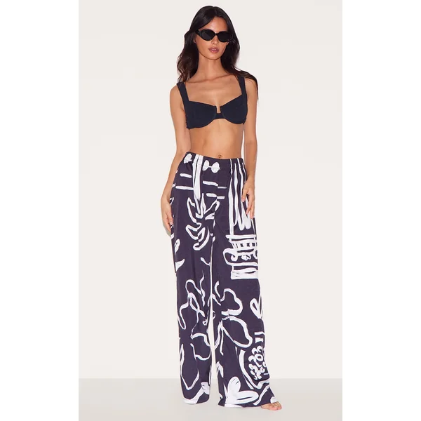 Black Monochrome Floral Beach Pants