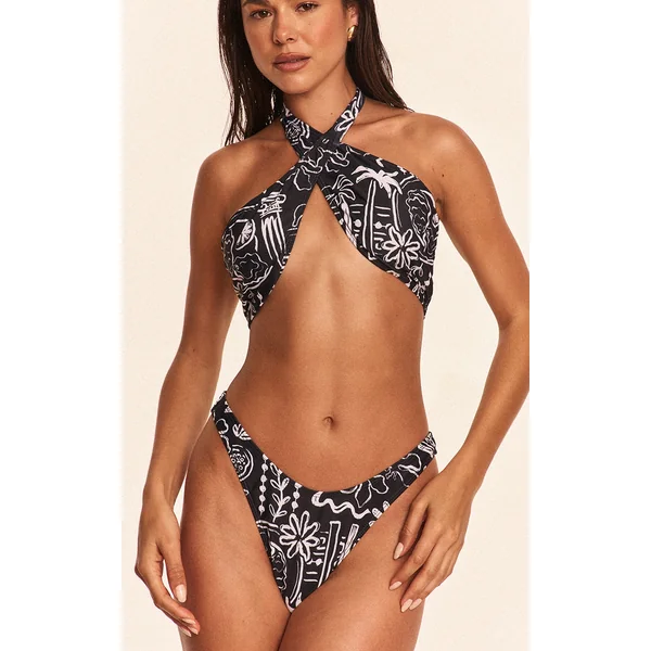 Black Monochrome Floral Tanga Bikini Bottoms