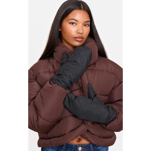 Black Nylon Chevron Quilt Faux Fur Lined Mittens