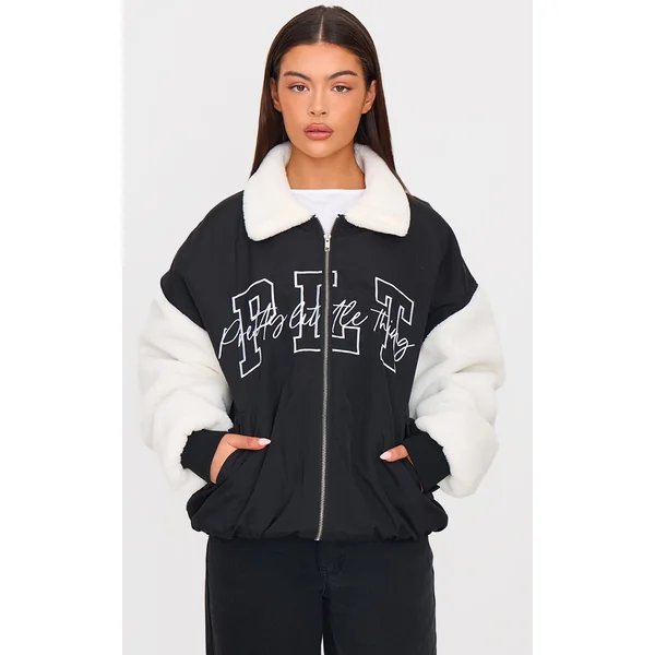 Black Nylon Contrast Faux Fur Sleeves Bomber Jacket