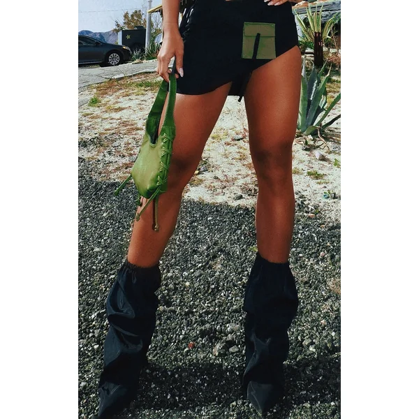 Black Nylon Elasticated Pointed Clipped Wedge Heeled Boots