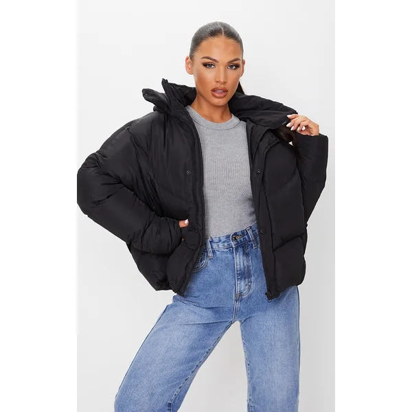 Black Nylon Oversized Curved Panel Wadded Puffer Jacket