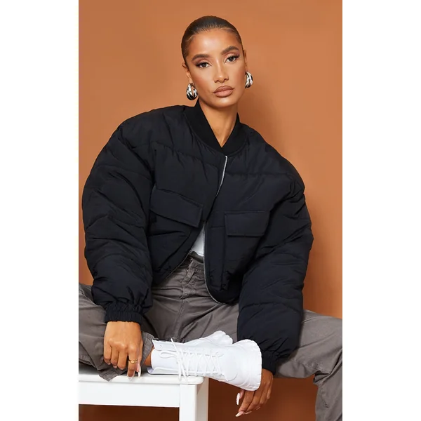 Black Nylon Pocket Front Panel Sleeve Oversized Bomber Jacket