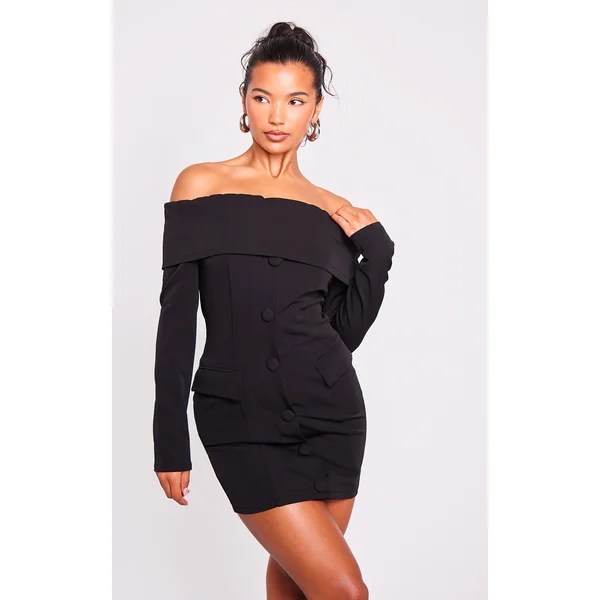 Black Off Shoulder Button Front Shift Blazer Dress