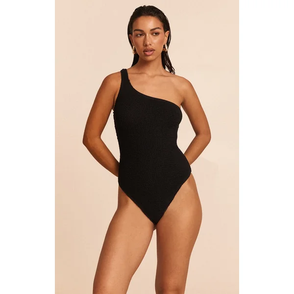 Black One Shoulder Crinkle Swimsuit