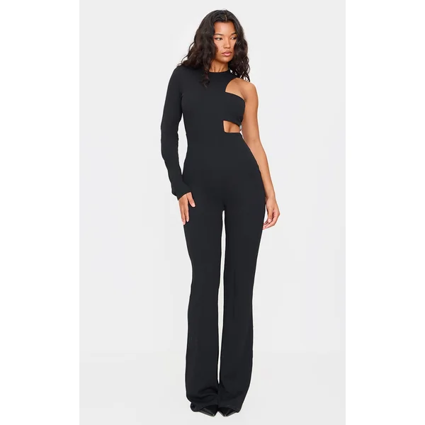 Black One Shoulder Flare Leg Jumpsuit
