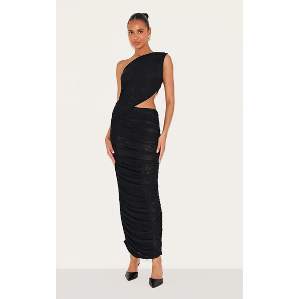 Black One Shoulder Ruched Maxi Dress