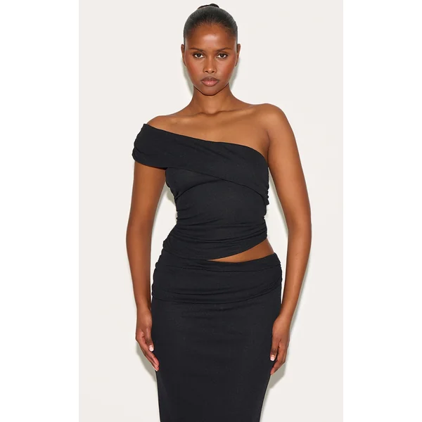 Black Onion Skin Ruched Side Asymmetric Top