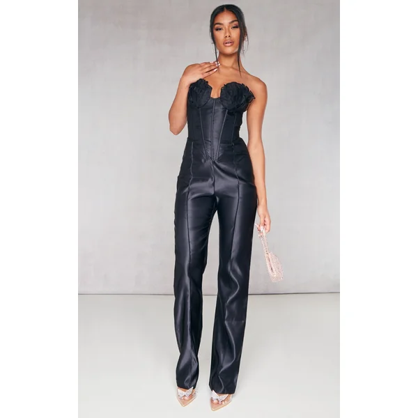Black Organza Cup Detail Corset Satin Bandeau Jumpsuit
