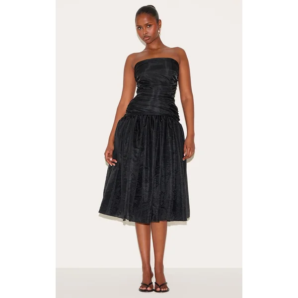 Black Organza Ruched Bodice Midi Dress