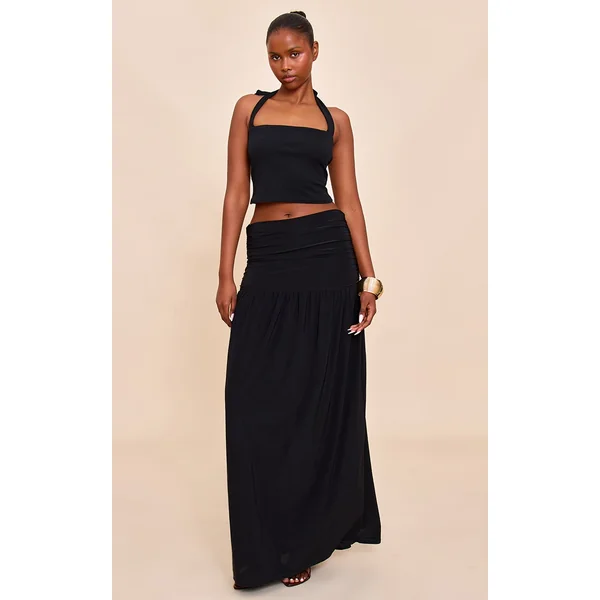 Black Overlay Detail Double Layer Slinky Maxi Skirt