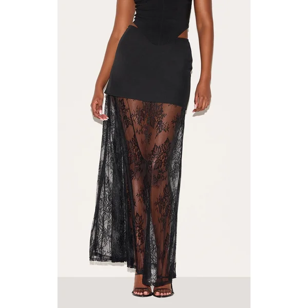 Black Overlay Detail Lace Maxi Skirt
