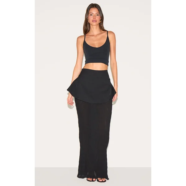 Black Overlay Detail Textured Woven Maxi Skirt