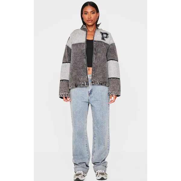 Black Oversized Denim Varsity Bomber Jacket