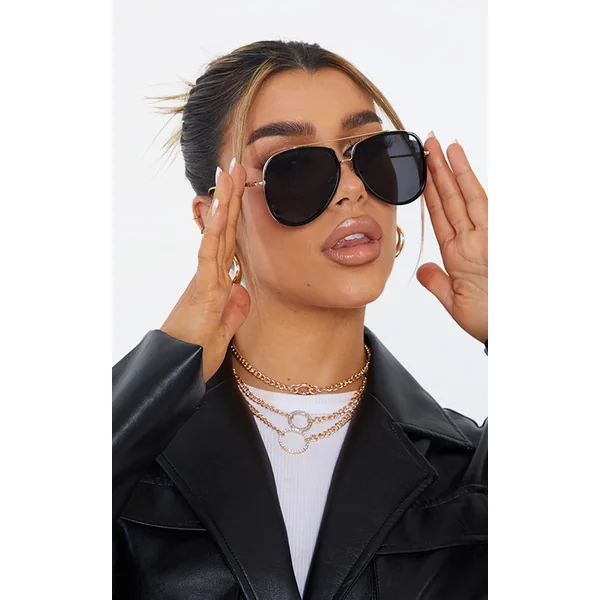 Black Oversized Gold Detail Aviator Sunglasses