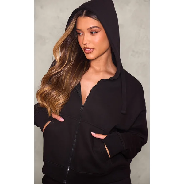 Black Oversized Hooded Zip Up Sweat