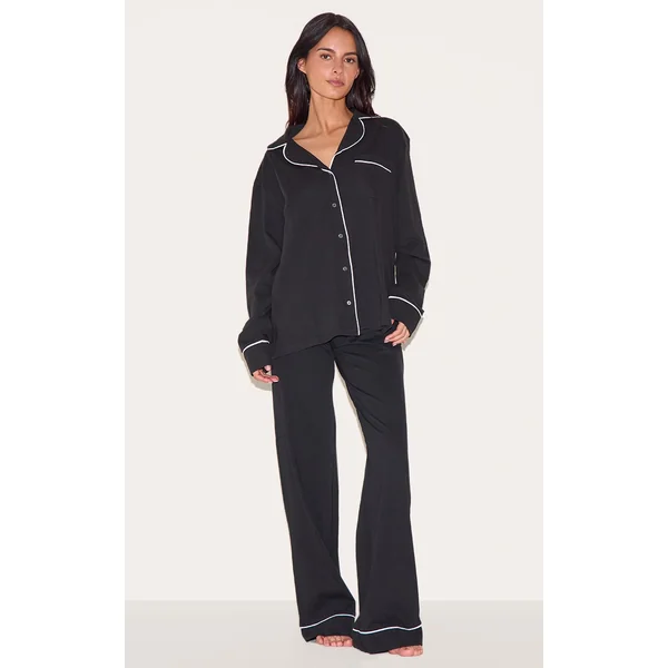 Black Oversized Jersey Piping Detail Long PJ Set