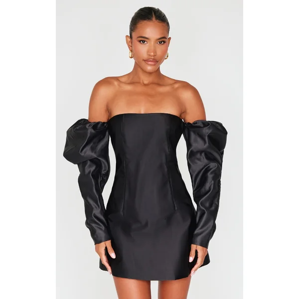 Black Oversized Puff Sleeve A Line Shift Dress