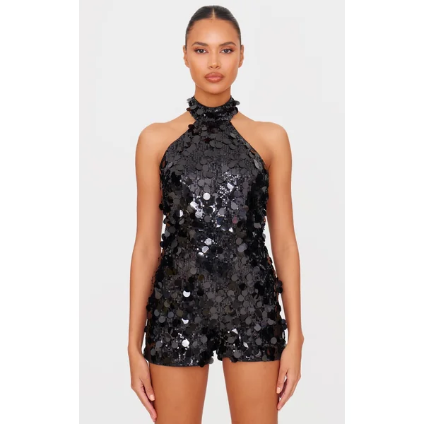 Black Oversized Sequin High Neck Backless Romper