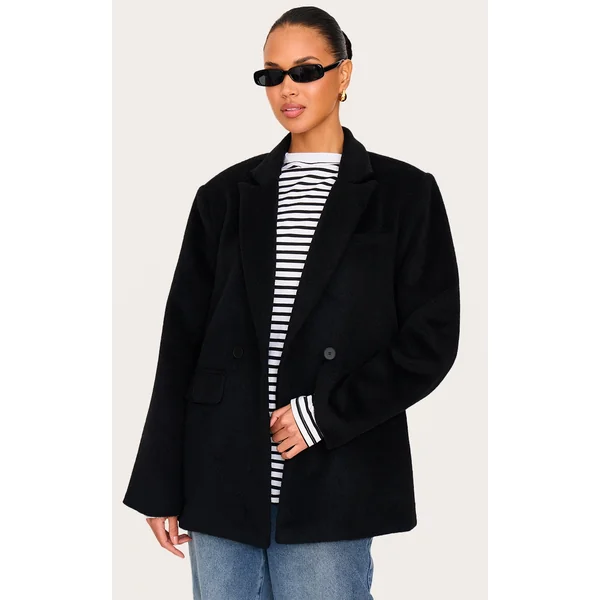 Black Oversized Textured Wool Look Blazer