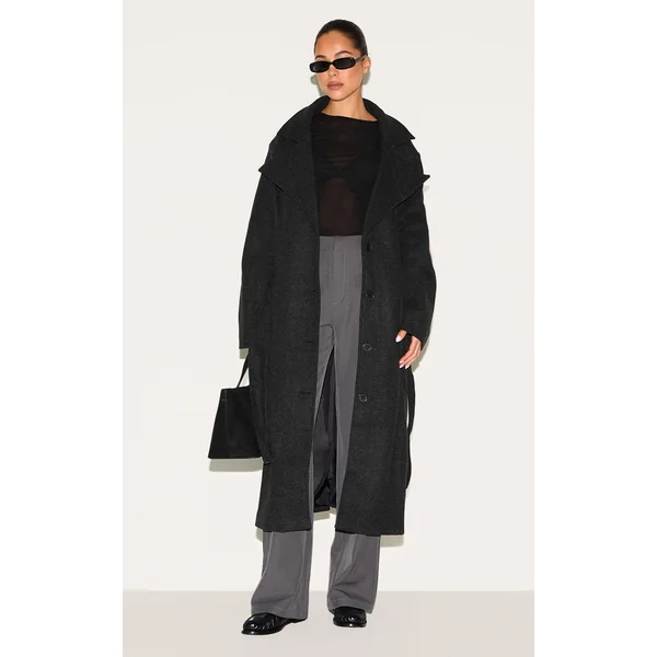 Black Oversized Wool Look Trench Coat